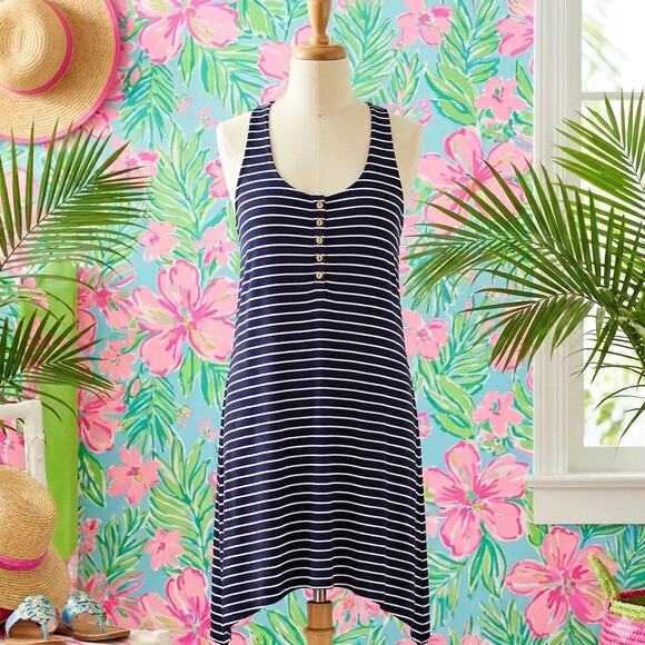 Lilly Pulitzer Dresses & Skirts - Lilly Pulitzer Jennalyn Navy Palm Stripe Pima Cotton Henley Racerback Dress S